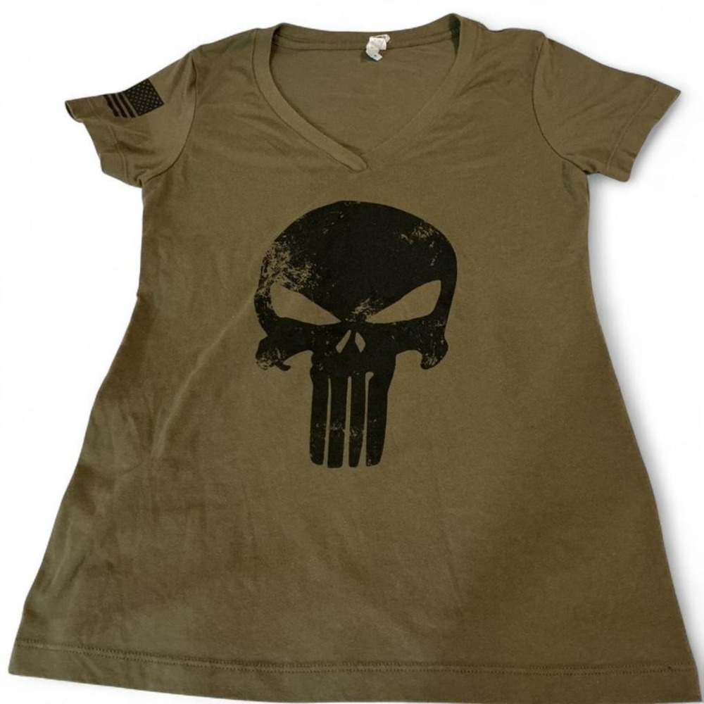 Ideal Punisher Graphic T-Shirt Womens Small Olive Green Good V-Neck Skull Flag